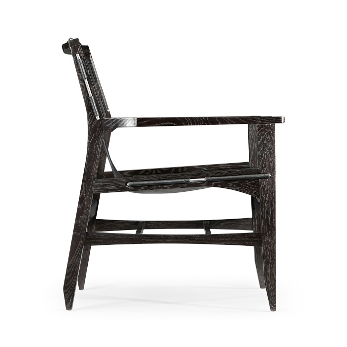 Midcentury Style Slung Black Leather & Black Mocha Oak Easy Chair