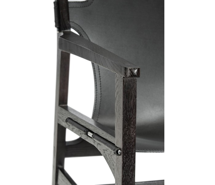 Midcentury Style Slung Black Leather & Black Mocha Oak Easy Chair