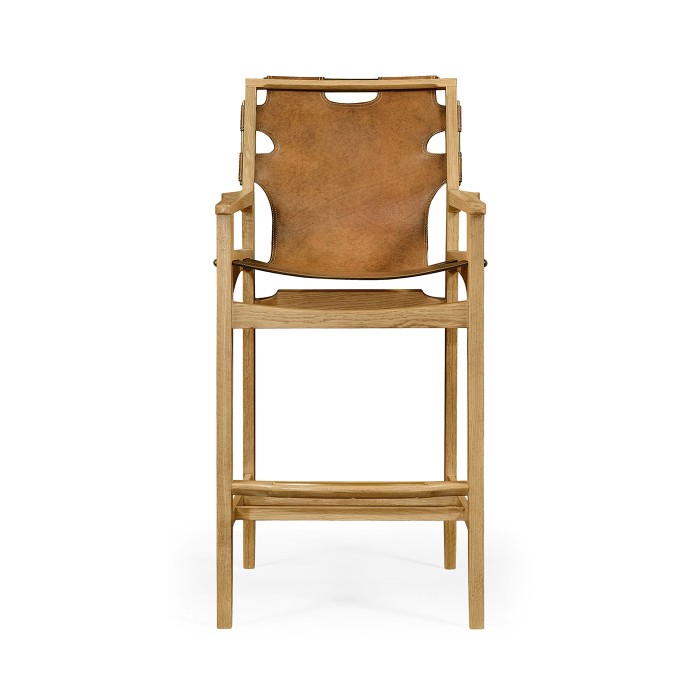 Midcentury Style Slung Leather & Light Oak Bar Stool