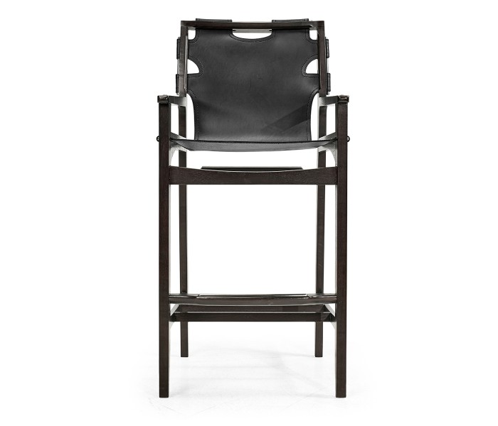 Midcentury Style Slung Black Leather & Black Mocha Oak Bar Stool