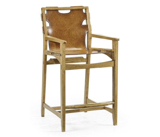 Midcentury Style Slung Medium Antique Chestnut Leather & Light Oak Counter Stool