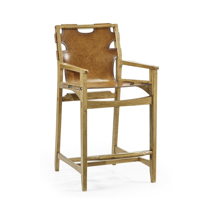 Midcentury Style Slung Medium Antique Chestnut Leather & Light Oak Counter Stool