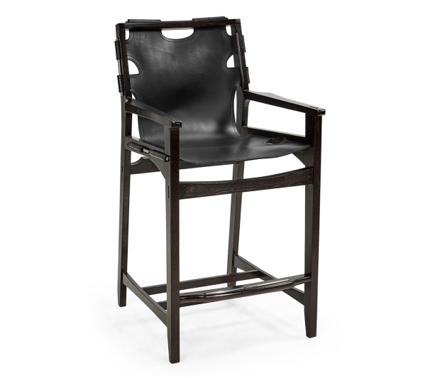 Midcentury Style Slung Black Leather & Black Mocha Oak Counter Stool