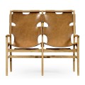 Midcentury Style Slung Leather & Light Oak Two Seat Bench