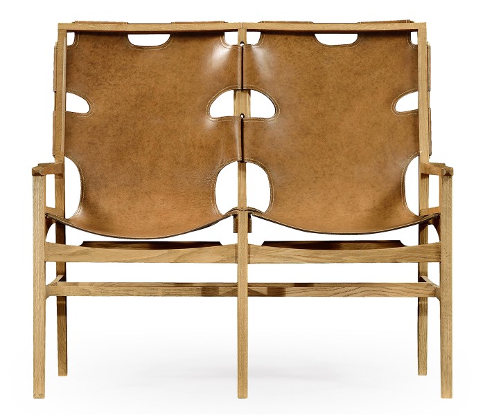 Midcentury Style Slung Leather & Light Oak Two Seat Bench