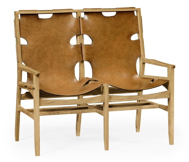 Midcentury Style Slung Leather & Light Oak Two Seat Bench