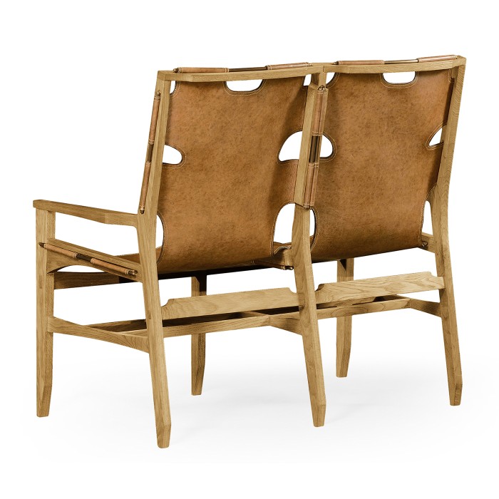 Midcentury Style Slung Leather & Light Oak Two Seat Bench