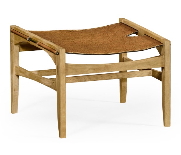 Midcentury Style Slung Leather & Light Oak Stool or Footstool