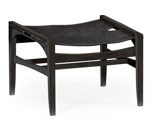 Midcentury Style Slung Black Leather & Black Mocha Oak Stool or Footstool