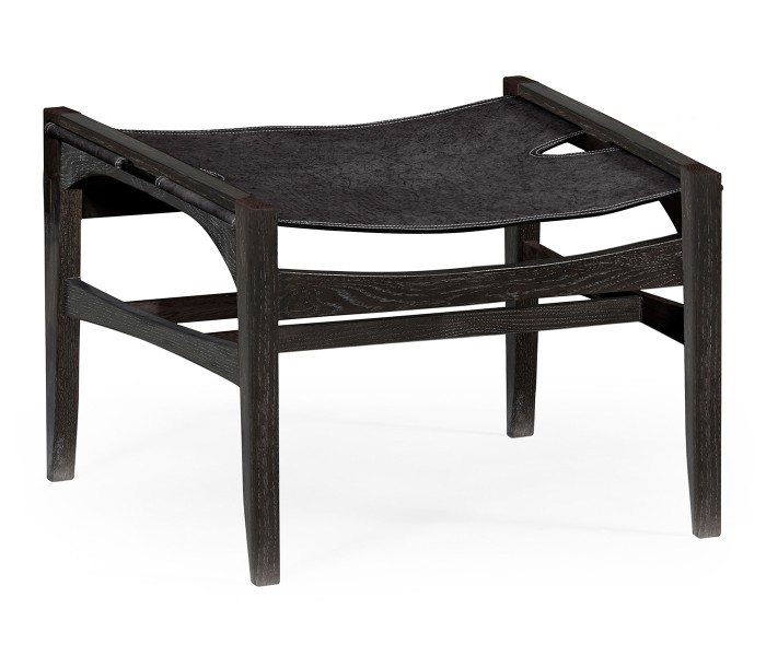 Midcentury Style Slung Black Leather & Black Mocha Oak Stool or Footstool