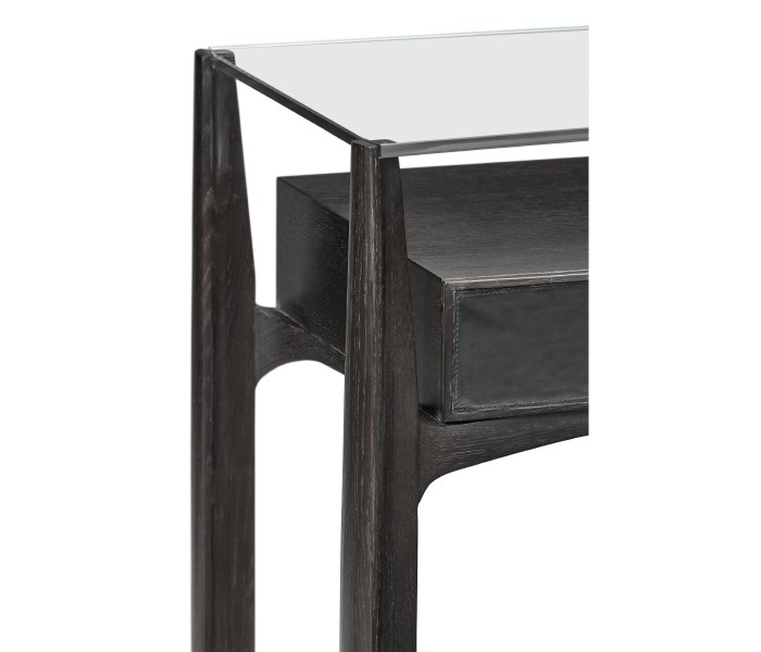 Architects Black Leather & Black Mocha Oak Console Table with Drawers and Glass Top
