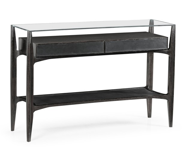 Architects Black Leather & Black Mocha Oak Console Table with Drawers and Glass Top