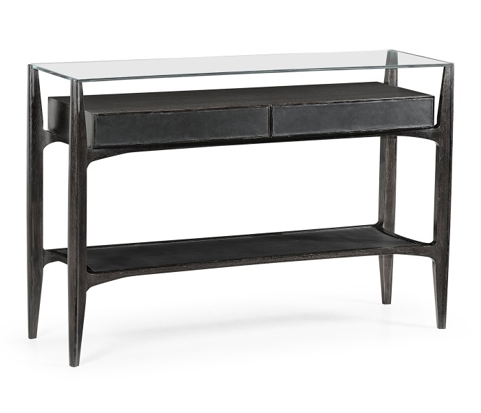 Architects Black Leather & Black Mocha Oak Console Table with Drawers and Glass Top
