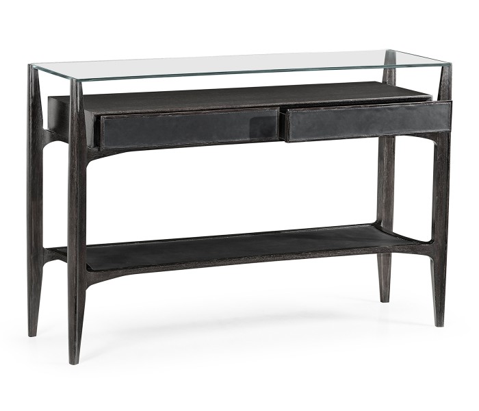 Architects Black Leather & Black Mocha Oak Console Table with Drawers and Glass Top