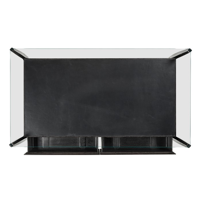 Architects Black Leather & Black Mocha Oak Cocktail Table with Drawers and Glass Top