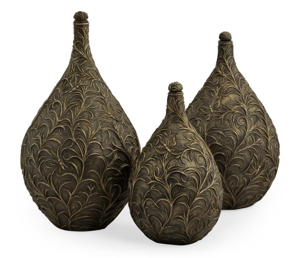 Set of Three Antique Light Black Brass Vases with Swirl & Butterfly Carvings