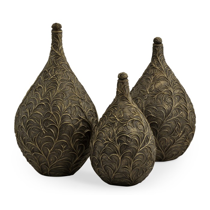 Set of Three Antique Light Black Brass Vases with Swirl & Butterfly Carvings