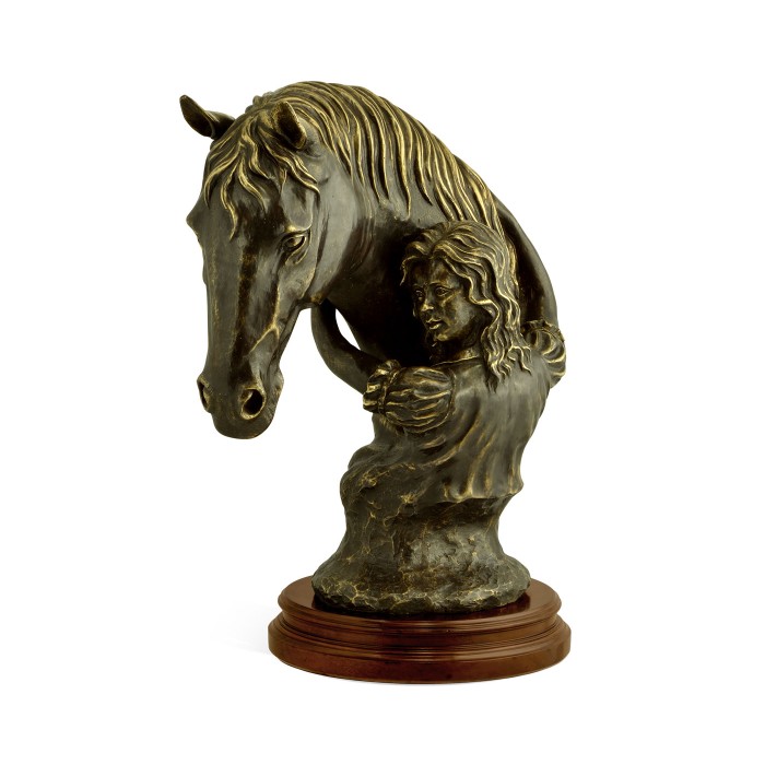 Antique Dark Bronze Young Girl & Her Horse