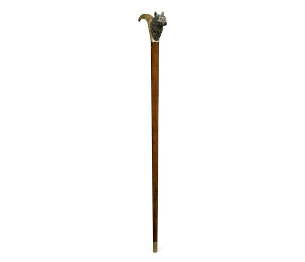 Mahogany Walking Stick with Brass Wolf Topper