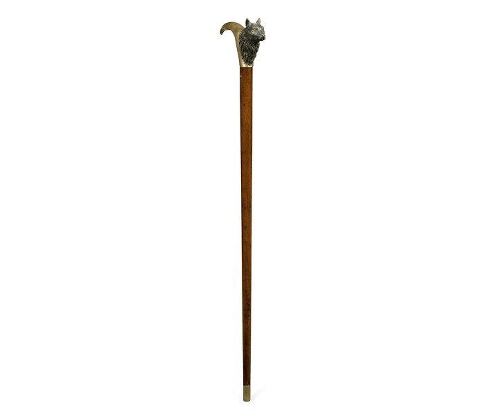 Mahogany Walking Stick with Brass Wolf Topper