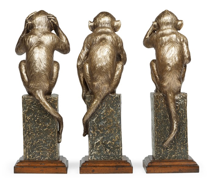 Three Antique Light Brown Brass Wise Monkeys