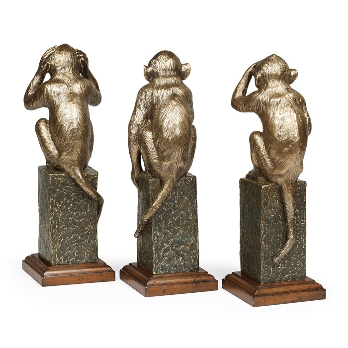 Three Antique Light Brown Brass Wise Monkeys