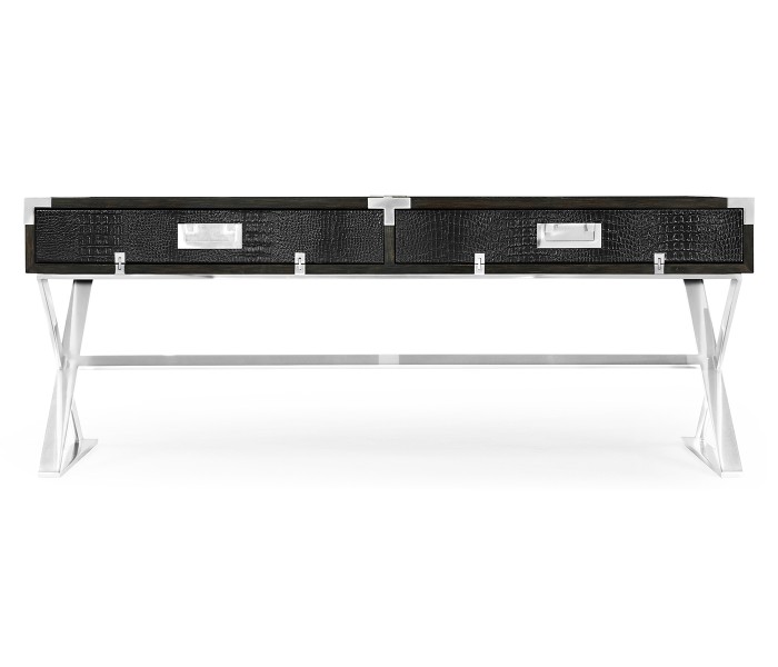 Campaign Style Dark Santos Rosewood & Faux Black Croc Leather Coffee Table with Drawers