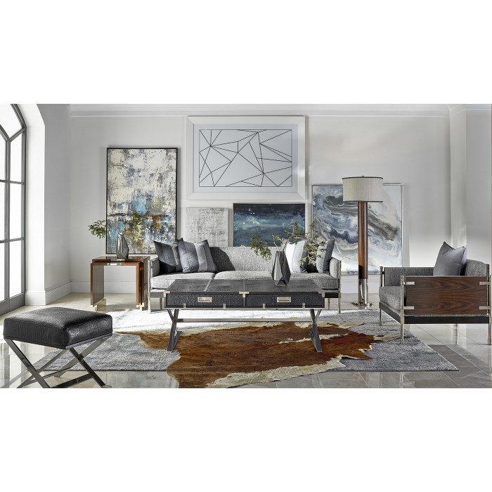 Campaign Style Dark Santos Rosewood & Faux Black Croc Leather Coffee Table with Drawers
