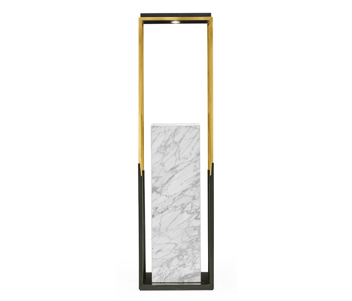 Contemporary Square Ebonised Oak & Brass Pedestal with White Calcutta Marble Centre