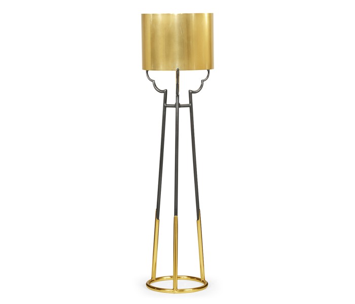 Contemporary Antique Satin Gold Brass & Black Stainless Steel Floor Lamp