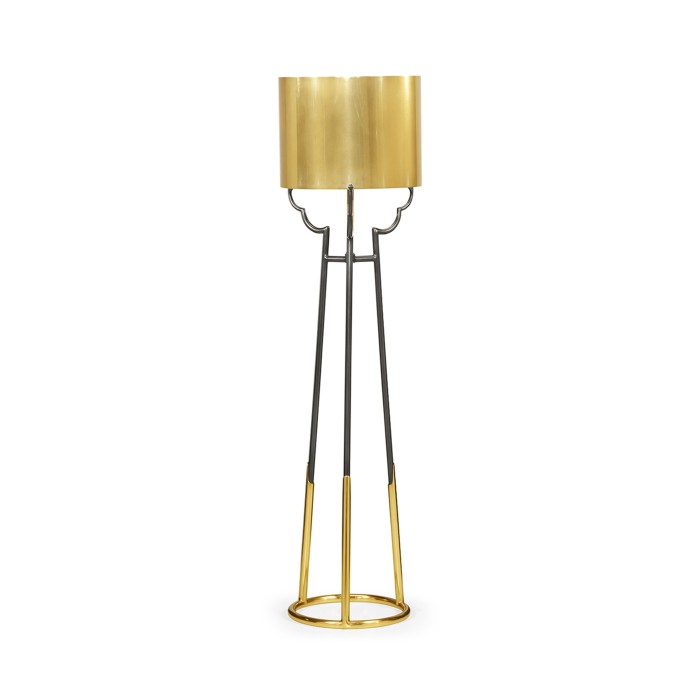 Contemporary Antique Satin Gold Brass & Black Stainless Steel Floor Lamp