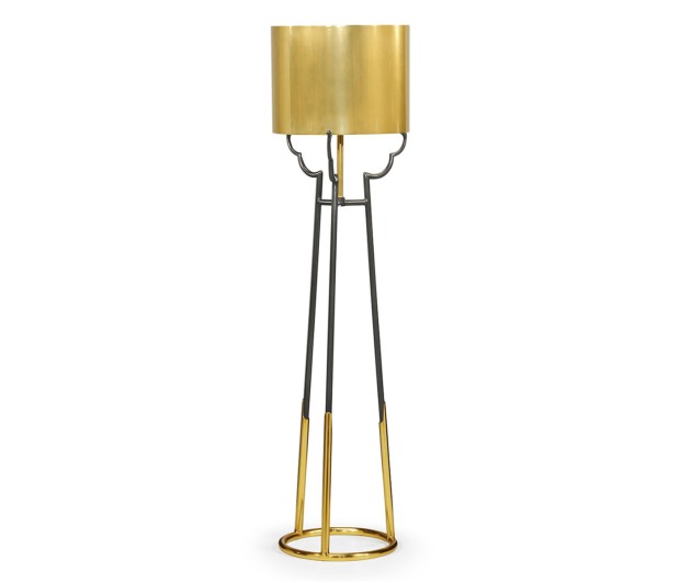 Contemporary Antique Satin Gold Brass & Black Stainless Steel Floor Lamp