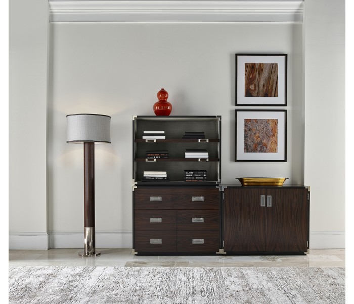 Circular Campaign Style Dark Santos Rosewood & White Stainless Steel Floor Lamp