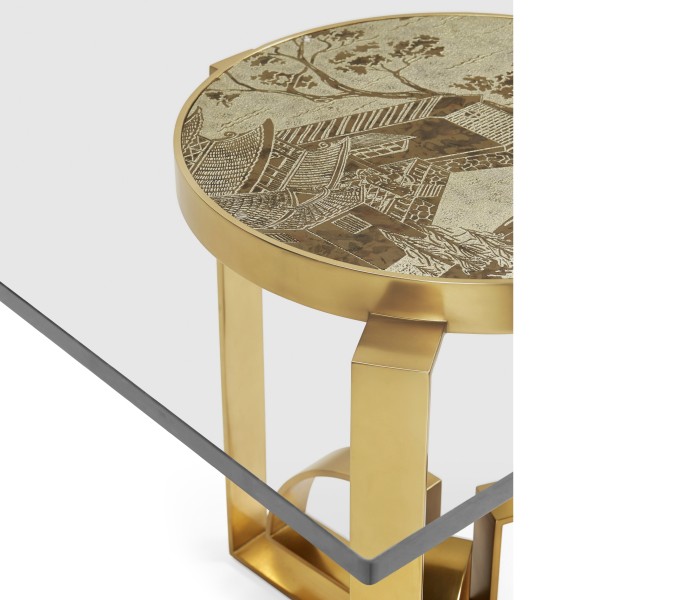 Fusion Rectangular Chinoiserie Antique Etched Brass Dining Table 87