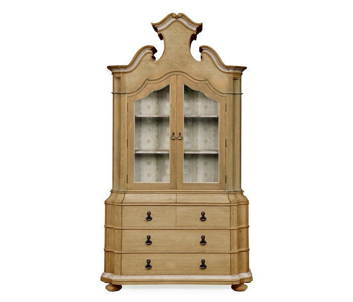 Oulton Vintage Oak Cabinet with Glass Doors & Wooden Shelves