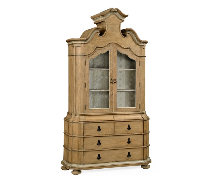 Oulton Vintage Oak Cabinet with Glass Doors & Wooden Shelves