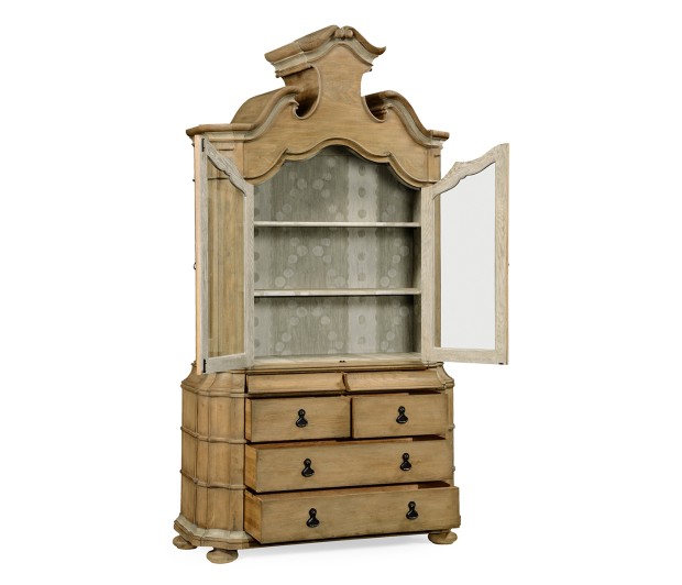 Oulton Vintage Oak Cabinet with Glass Doors & Wooden Shelves