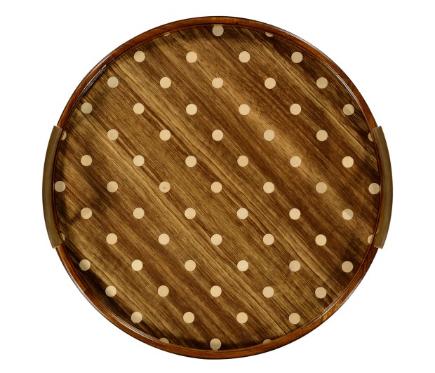 Large Circular Natural Acacia & Polka Dot Tray