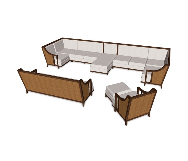 Walnut & Tan Rattan Left One-Seat Sofa Sectional 29