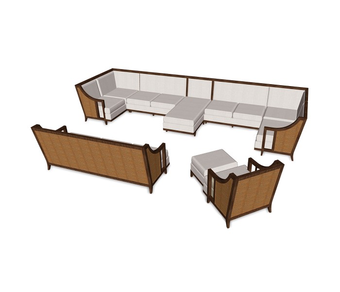 Walnut & Tan Rattan Left One-Seat Sofa Sectional 29