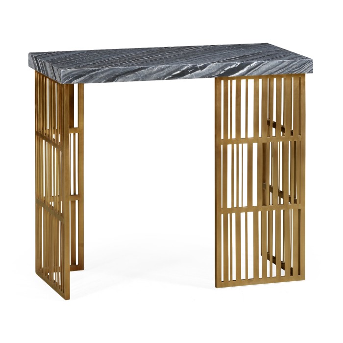 Rectangular Brass Console Table with a Grey Marble Top
