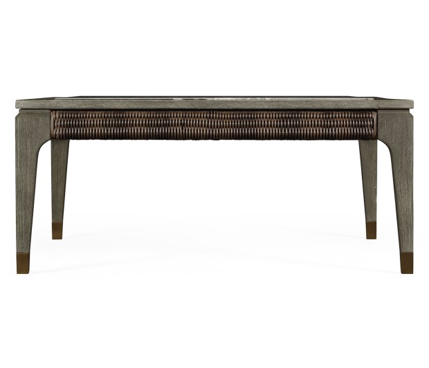 Square Grey & Rattan Coffee Table with a Black Marble Top