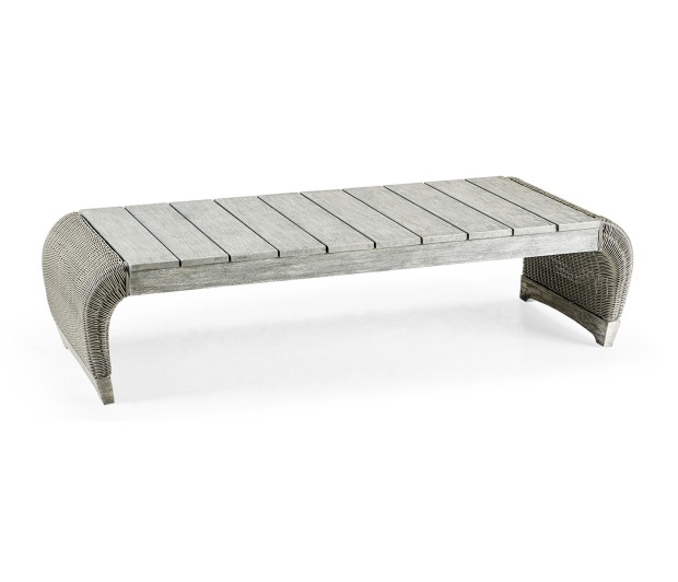 Rectangular Cloudy Grey & Rattan Cocktail Table with Curved Ends