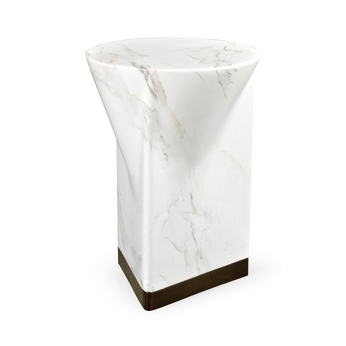 Round to L-Shape Faux White & Grey Marble End Table