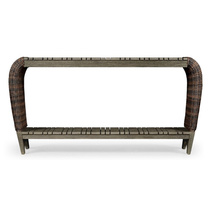 Rectangular Grey & Rattan Console Table with Curved Ends
